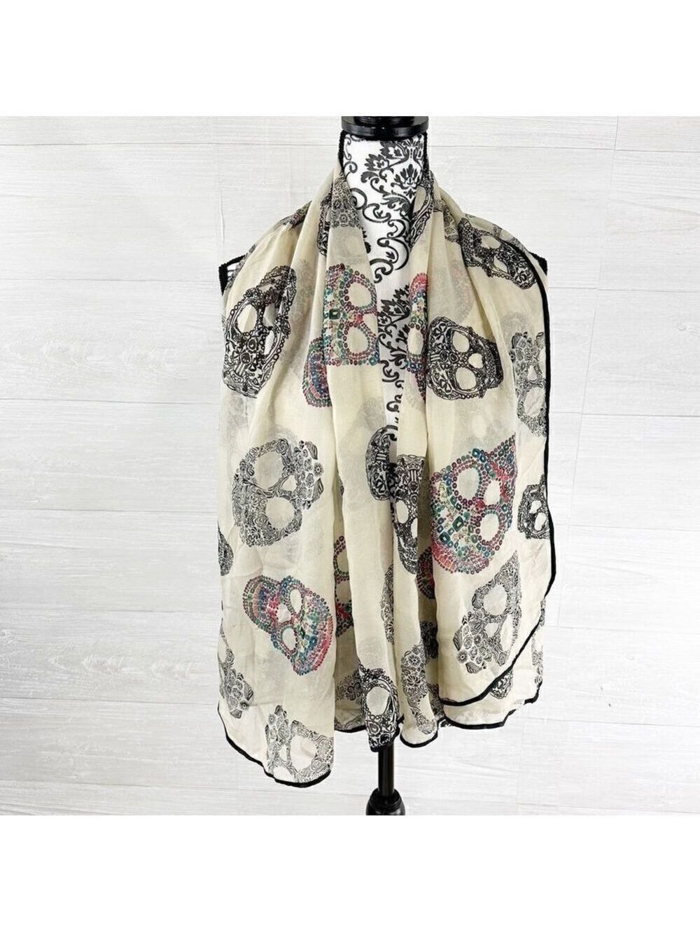 Day of The Dead Skull & Floral Silk Blend Sheer Large Scarf